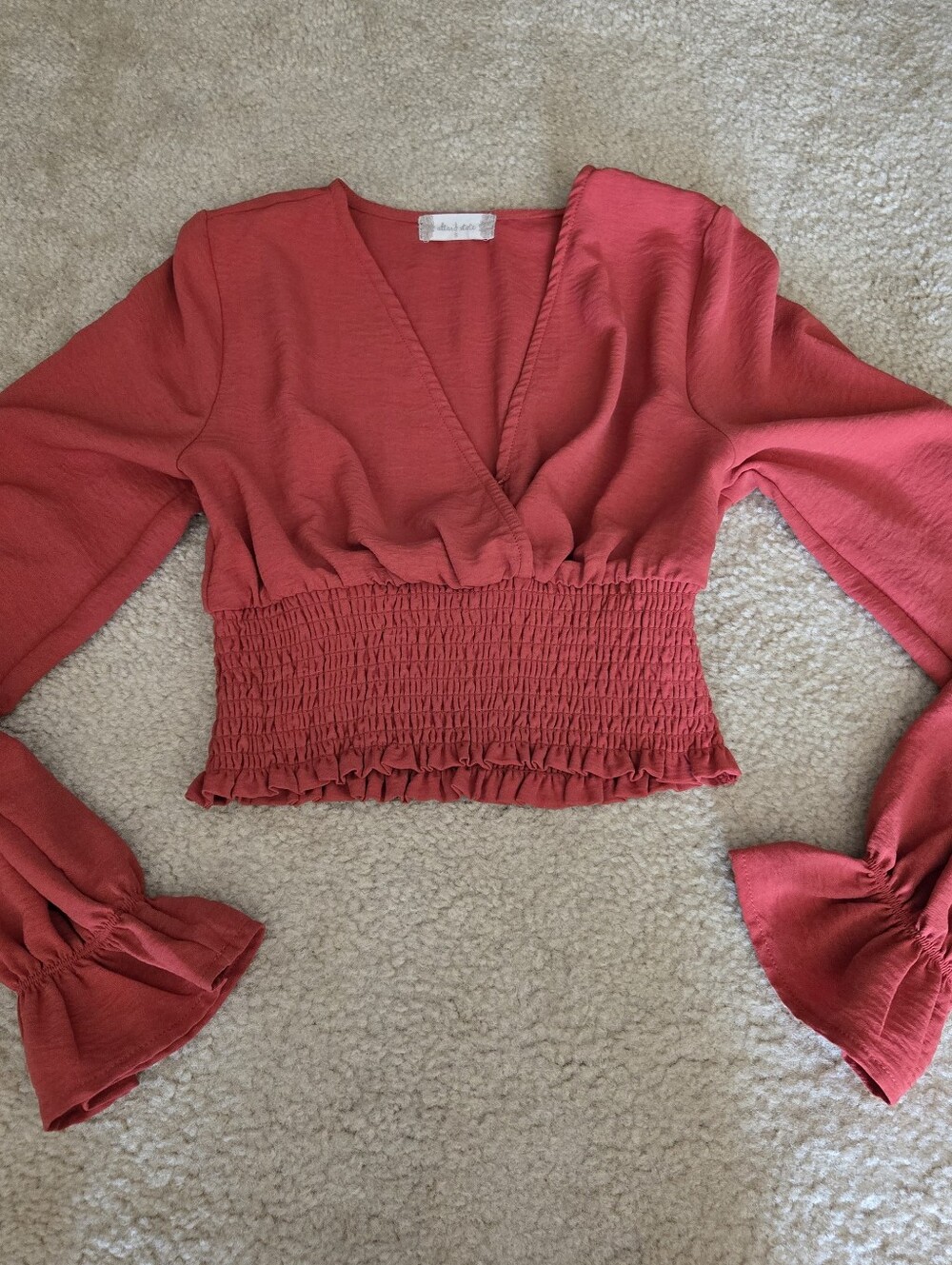 Altar'd State cropped wrap blouse rust brick red belly top Small v-neck ruffles